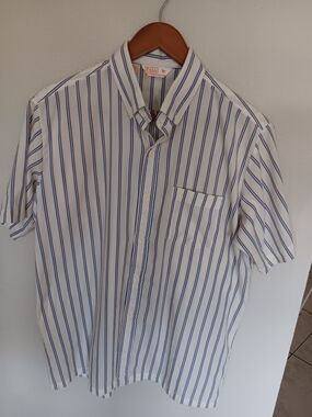 Vintage Polo by Ralph Lauren White Short-Sleeve Button-Up Shirt with Blue Stripe